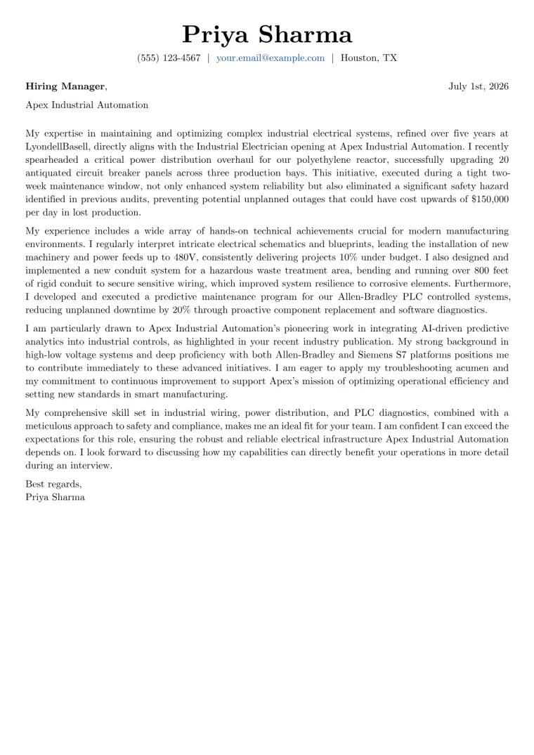 Industrial Electrician Cover Letter Example