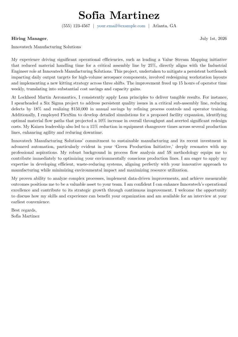 Industrial Engineer cover letter example preview