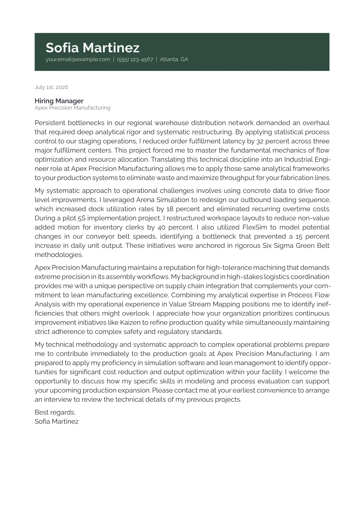 Industrial Engineer cover letter in the Banner design