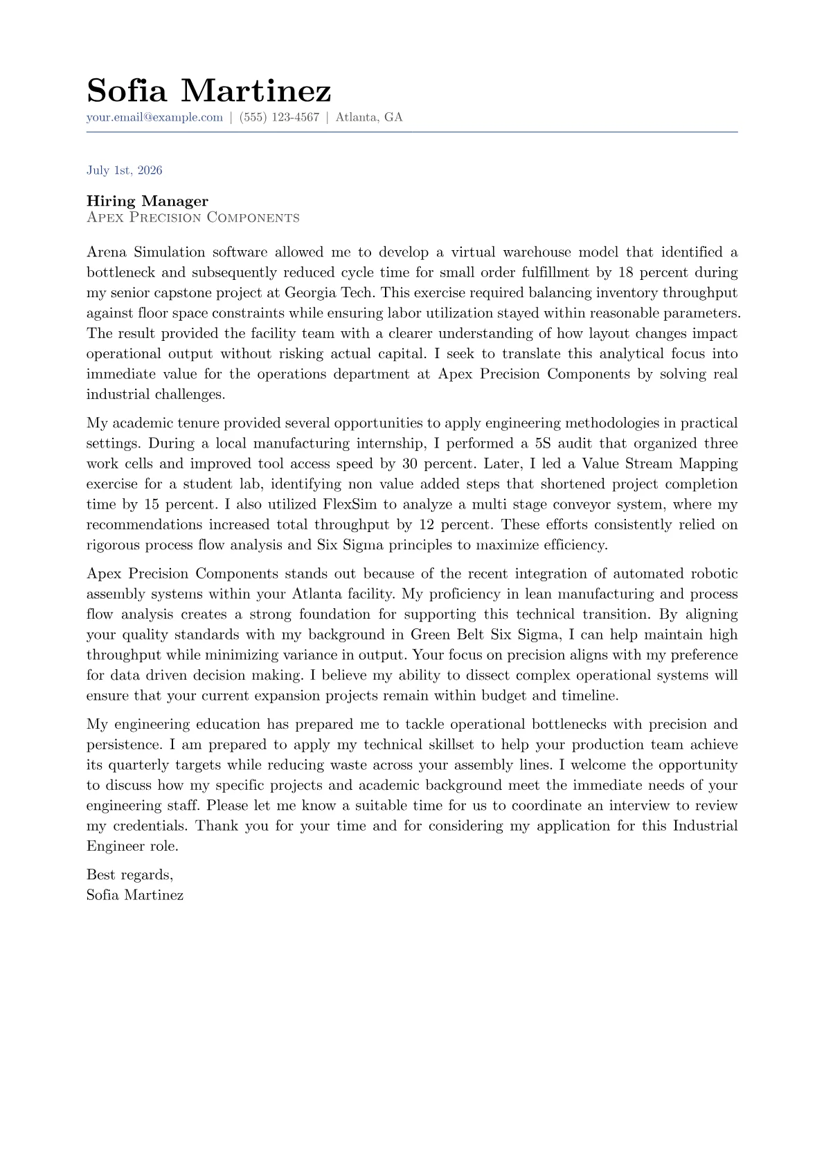 Industrial Engineer cover letter in the Classic design