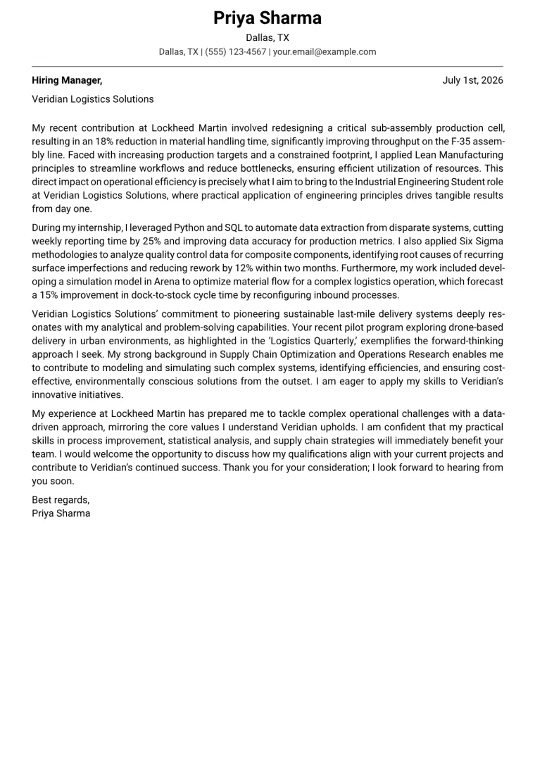 Industrial Engineering Student cover letter example preview