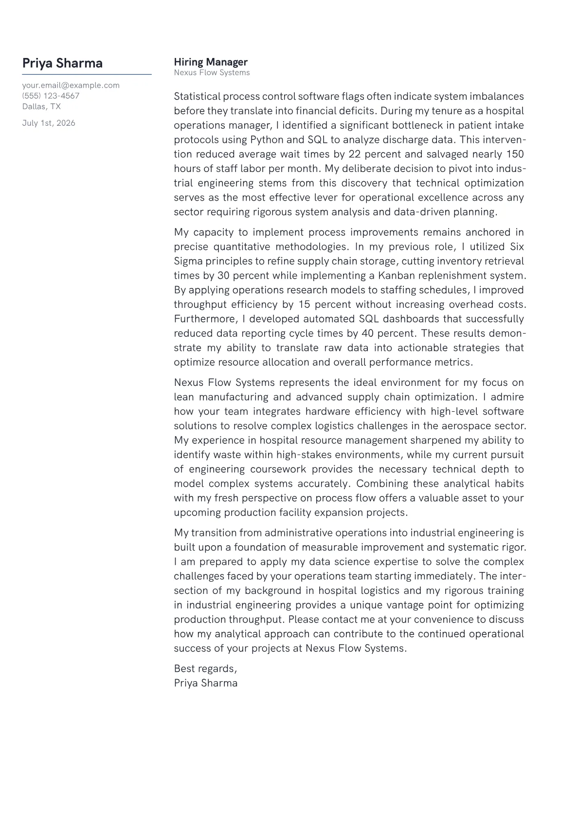 Industrial Engineering Student cover letter in the Margin design