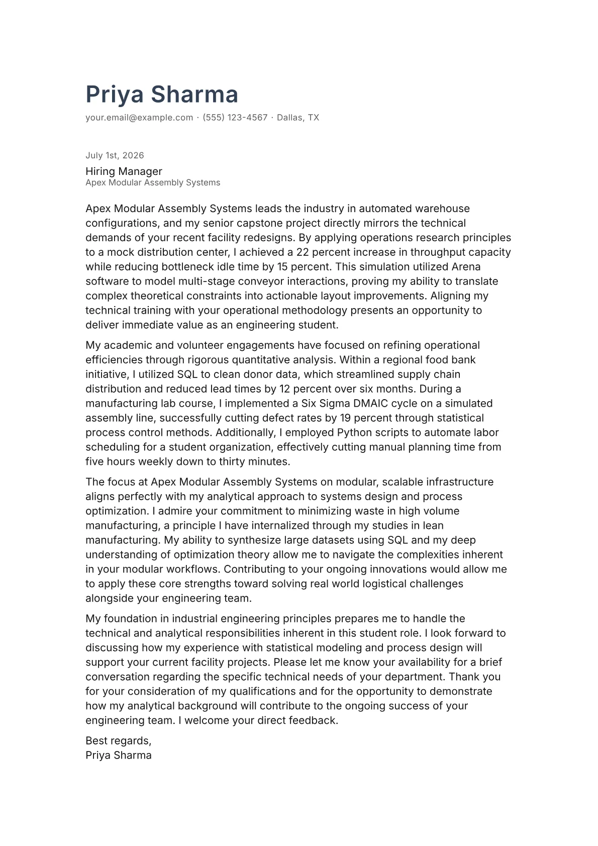 Industrial Engineering Student cover letter in the Minimal design