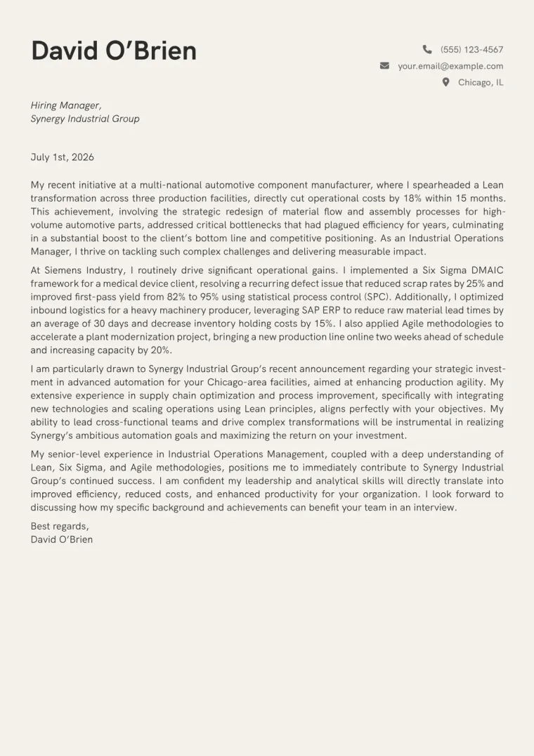 Industrial Operations Manager Cover Letter Example (2026)