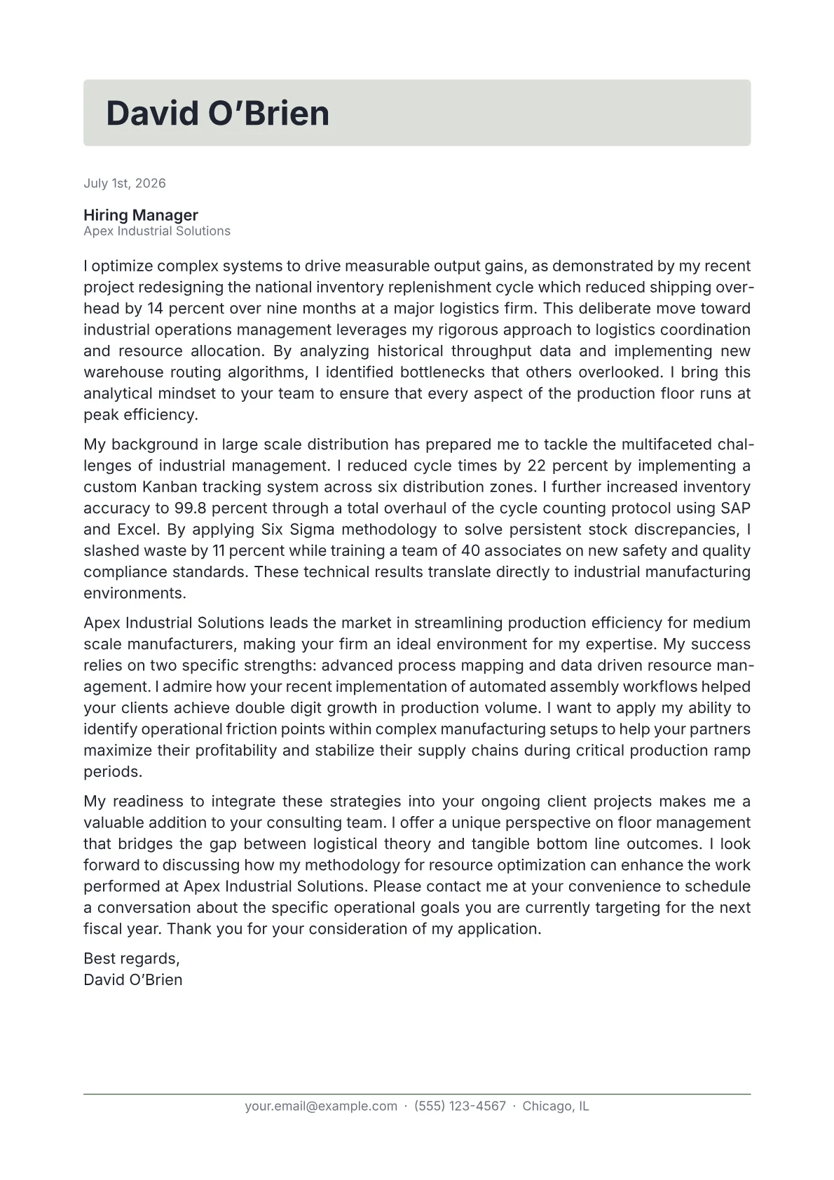 Industrial Operations Manager Cover Letter Example (2026)