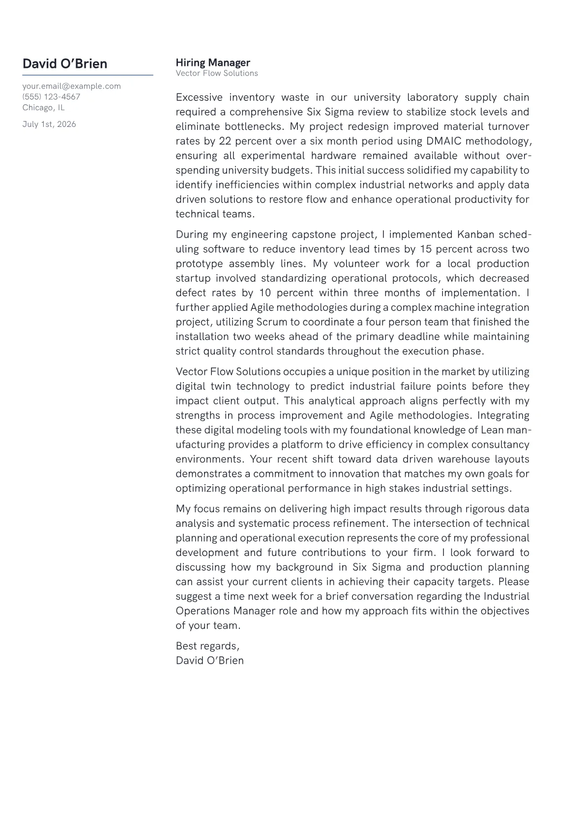 Cost Analysis Letter Example Industrial Operations Manager Cover Letter Example (2026)