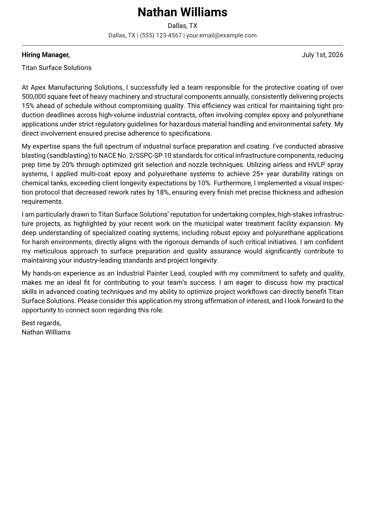 Industrial Painter cover letter formatted with a JobSprout template