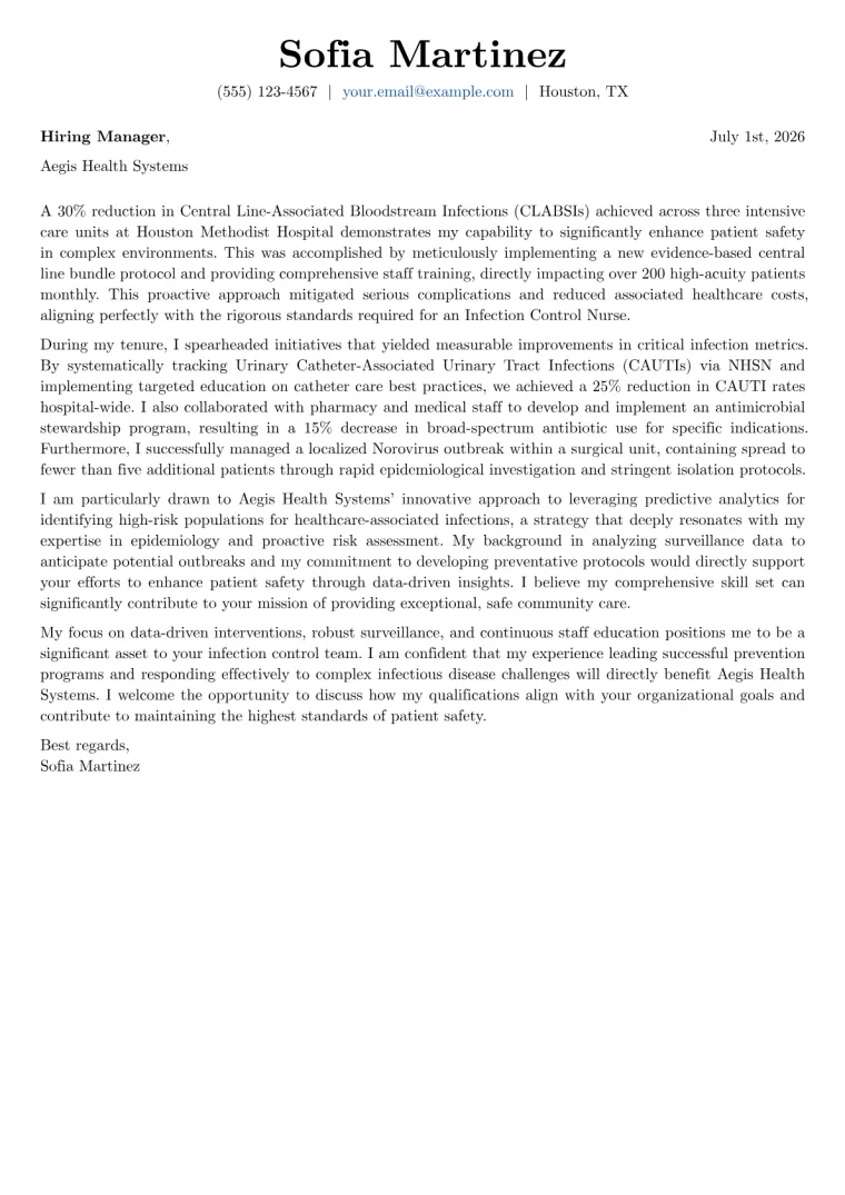 Infection Control Nurse cover letter example preview