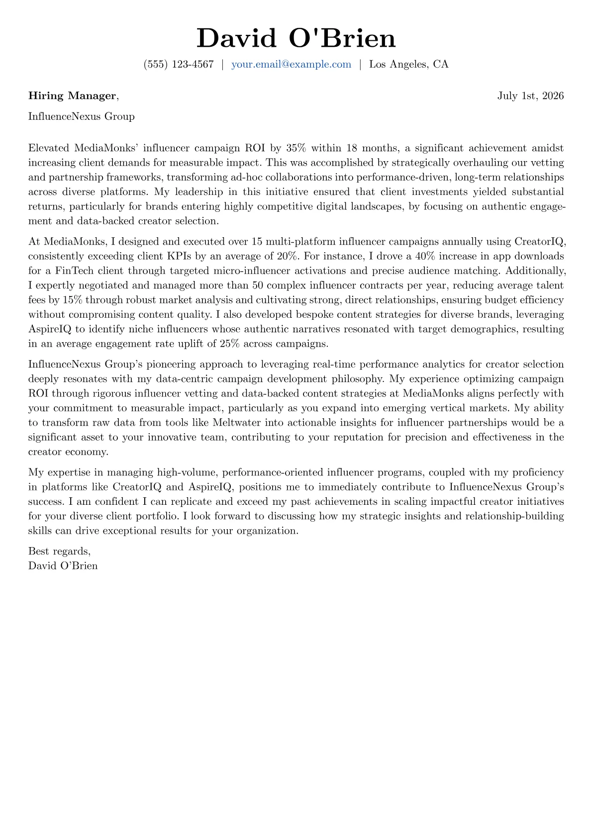 Influencer Marketing Manager cover letter formatted with a JobSprout template