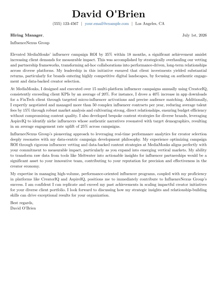 Influencer Marketing Manager cover letter example preview