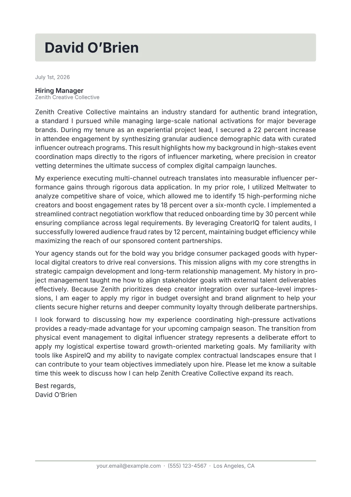Influencer Marketing Manager cover letter in the Letterhead design