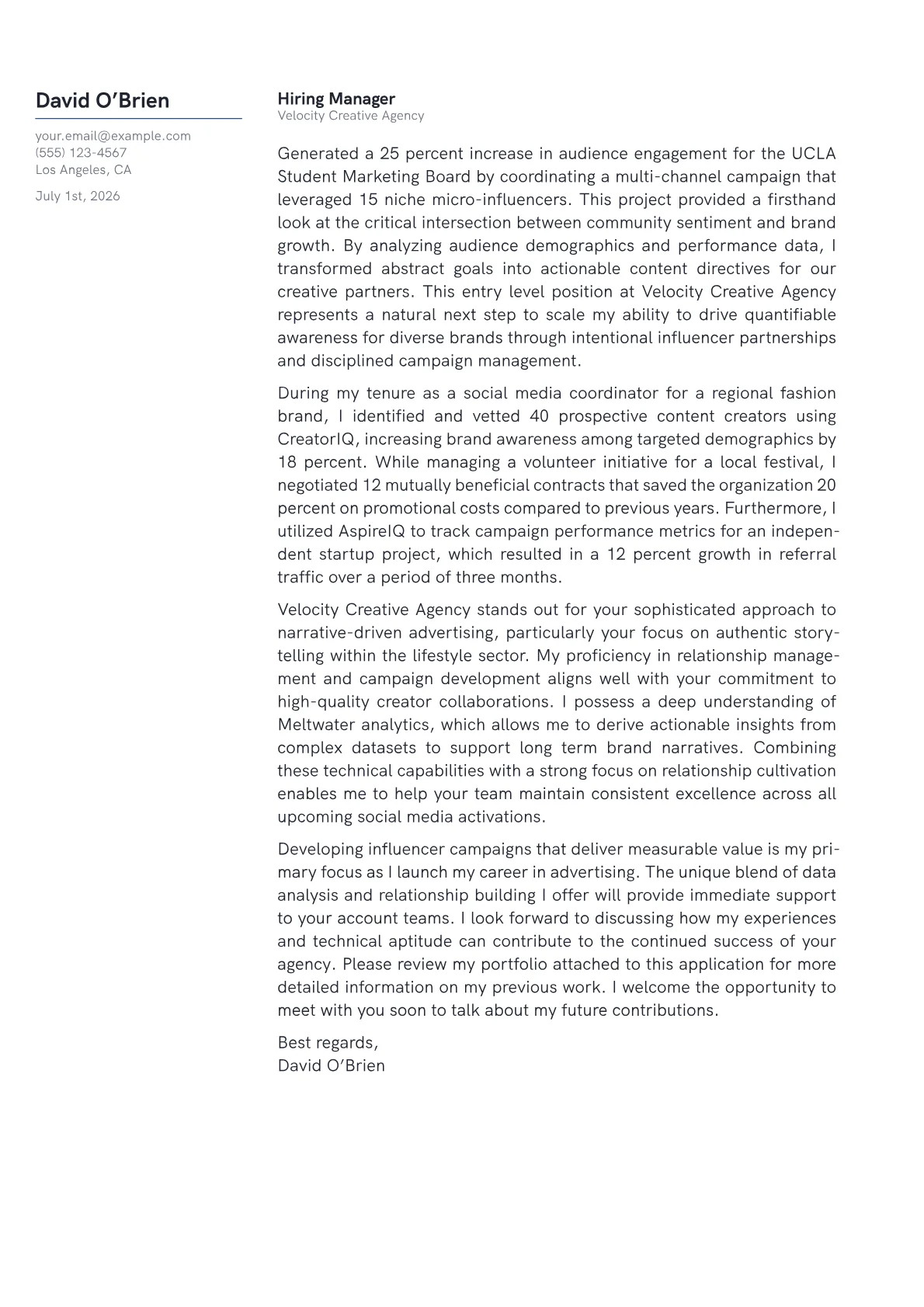 Influencer Marketing Manager cover letter in the Margin design