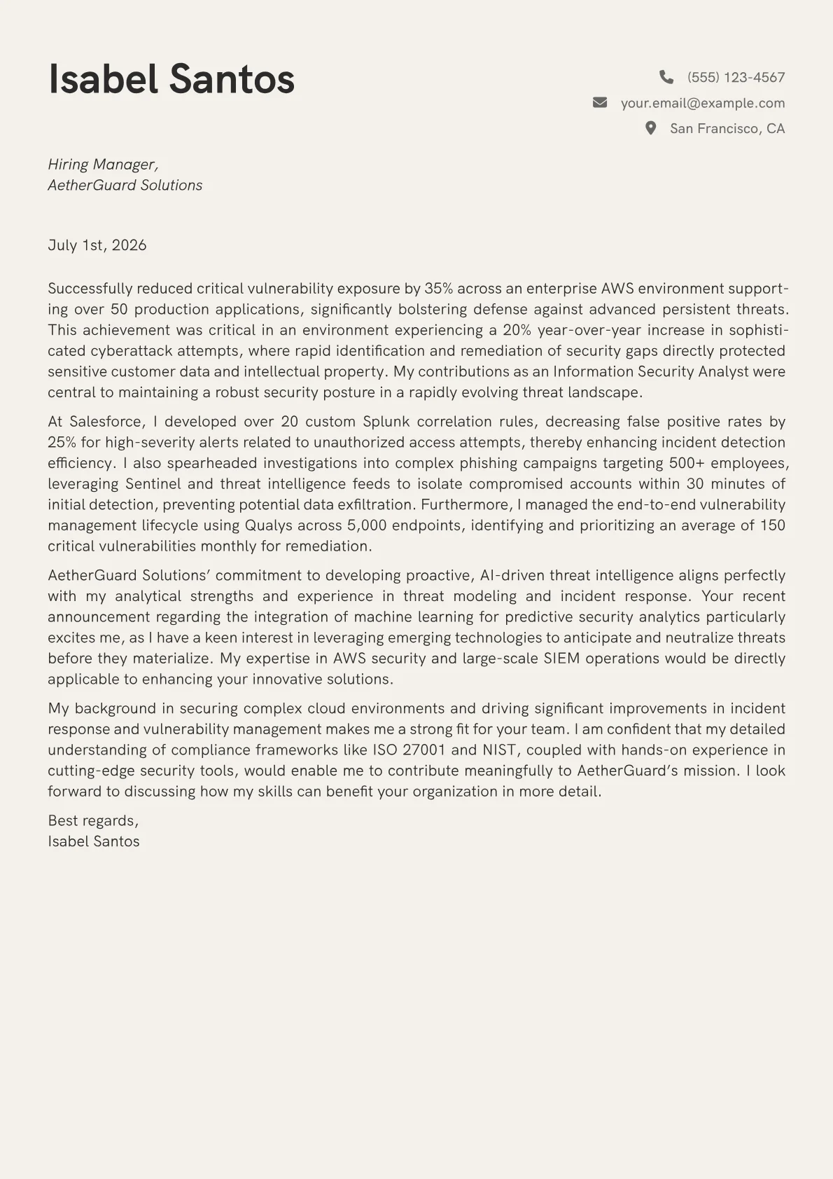 Information Security Analyst cover letter formatted with a JobSprout template