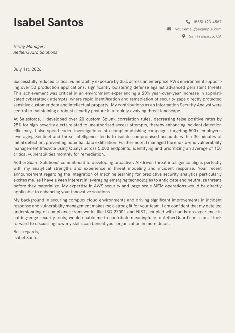 Information Security Analyst cover letter example preview