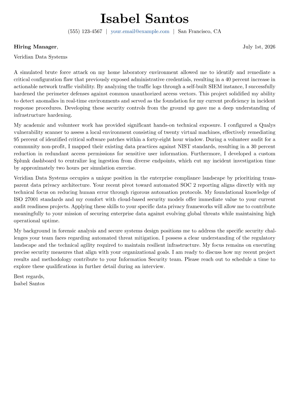 Information Security Analyst cover letter in the Basic design