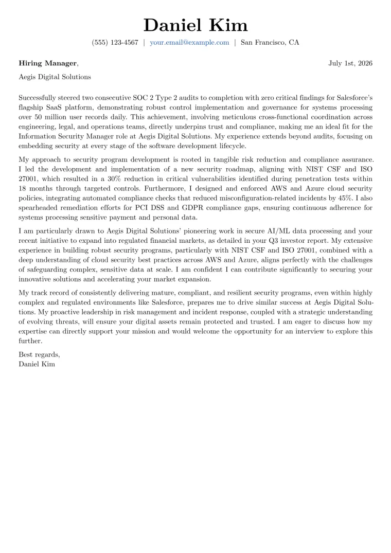 Information Security Manager cover letter example preview