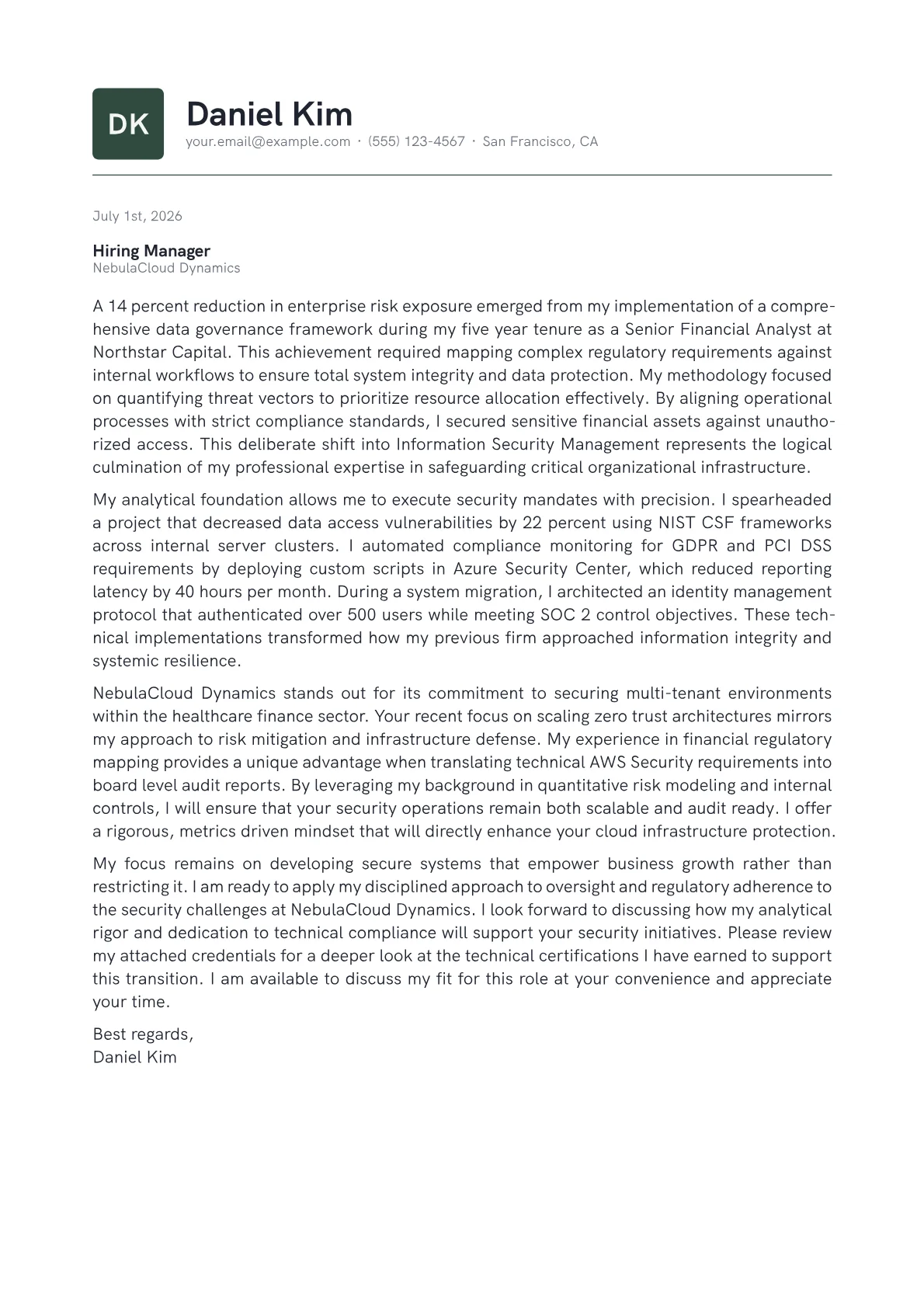 Information Security Manager cover letter in the Emblem design