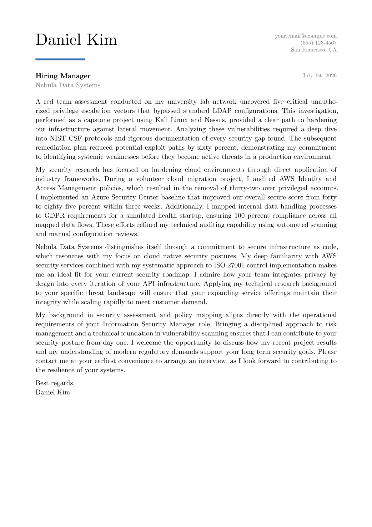 Information Security Manager cover letter in the Executive design