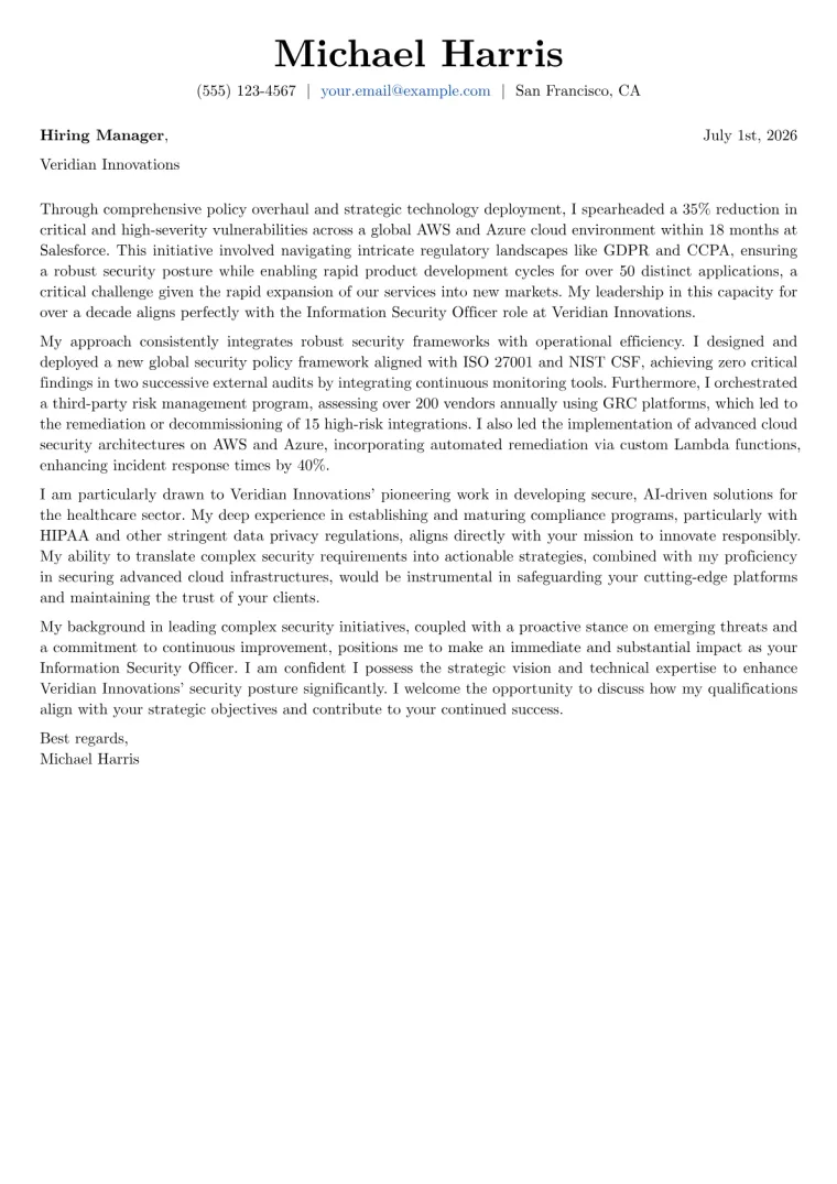 Information Security Officer cover letter example preview