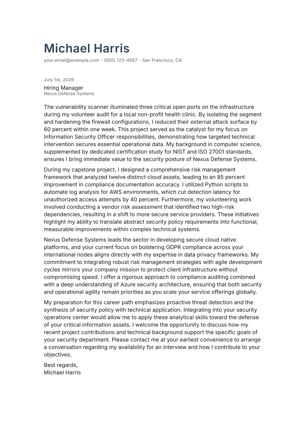 Information Security Officer cover letter in the Minimal design
