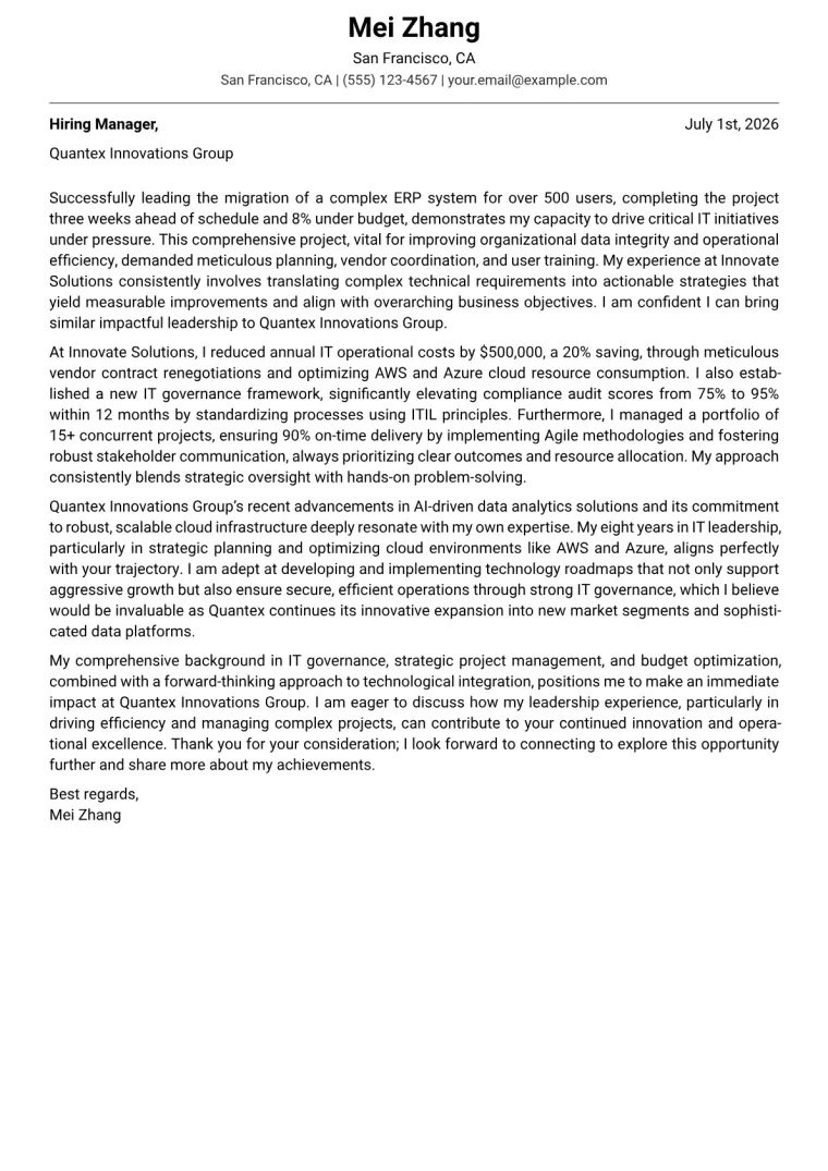 Information Technology Manager Cover Letter Example