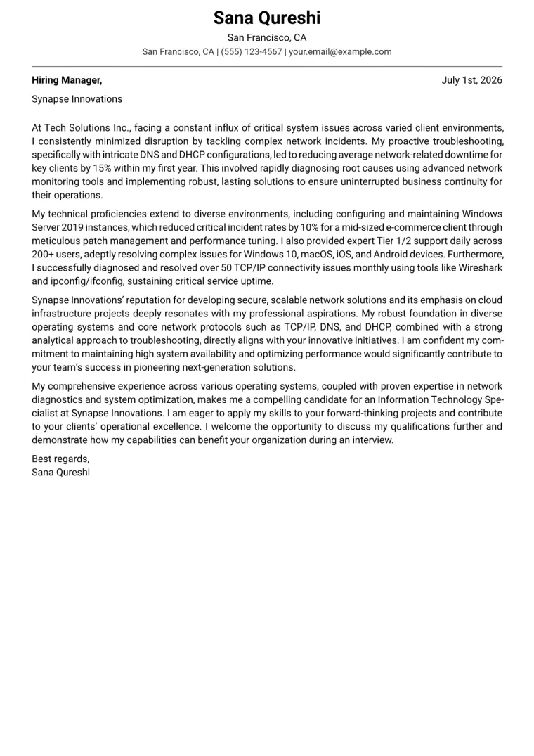 Information Technology Specialist Cover Letter Example