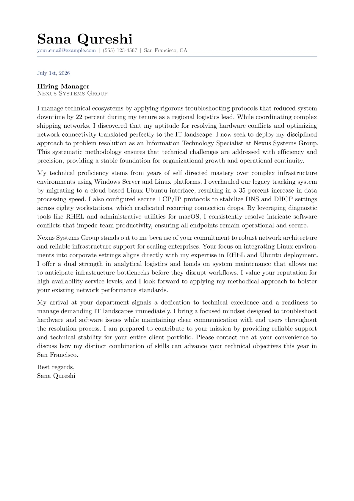 Information Technology Specialist cover letter in the Classic design