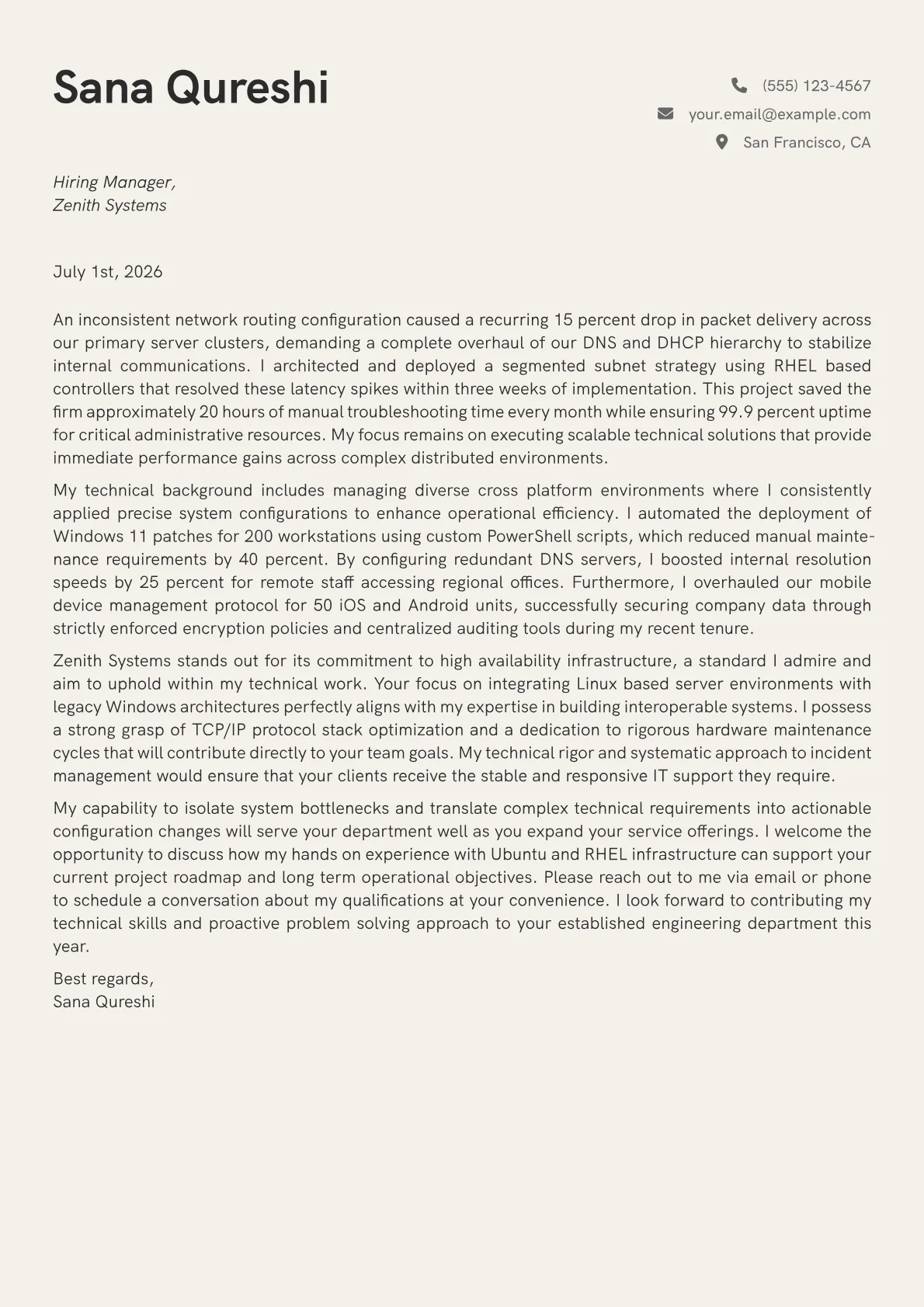 Information Technology Specialist cover letter in the Creative design