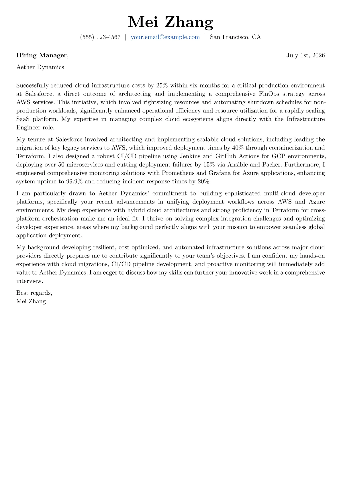 Infrastructure Engineer cover letter formatted with a JobSprout template