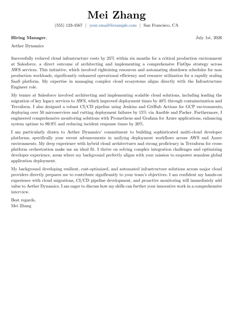 Infrastructure Engineer cover letter example preview