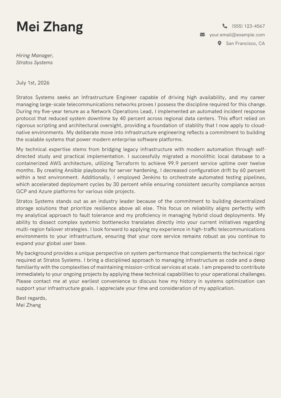 Infrastructure Engineer cover letter in the Creative design
