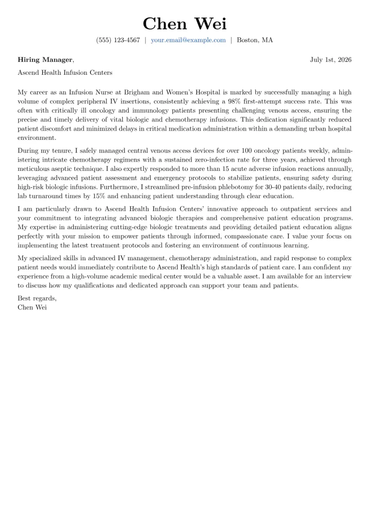 Infusion Nurse cover letter example preview