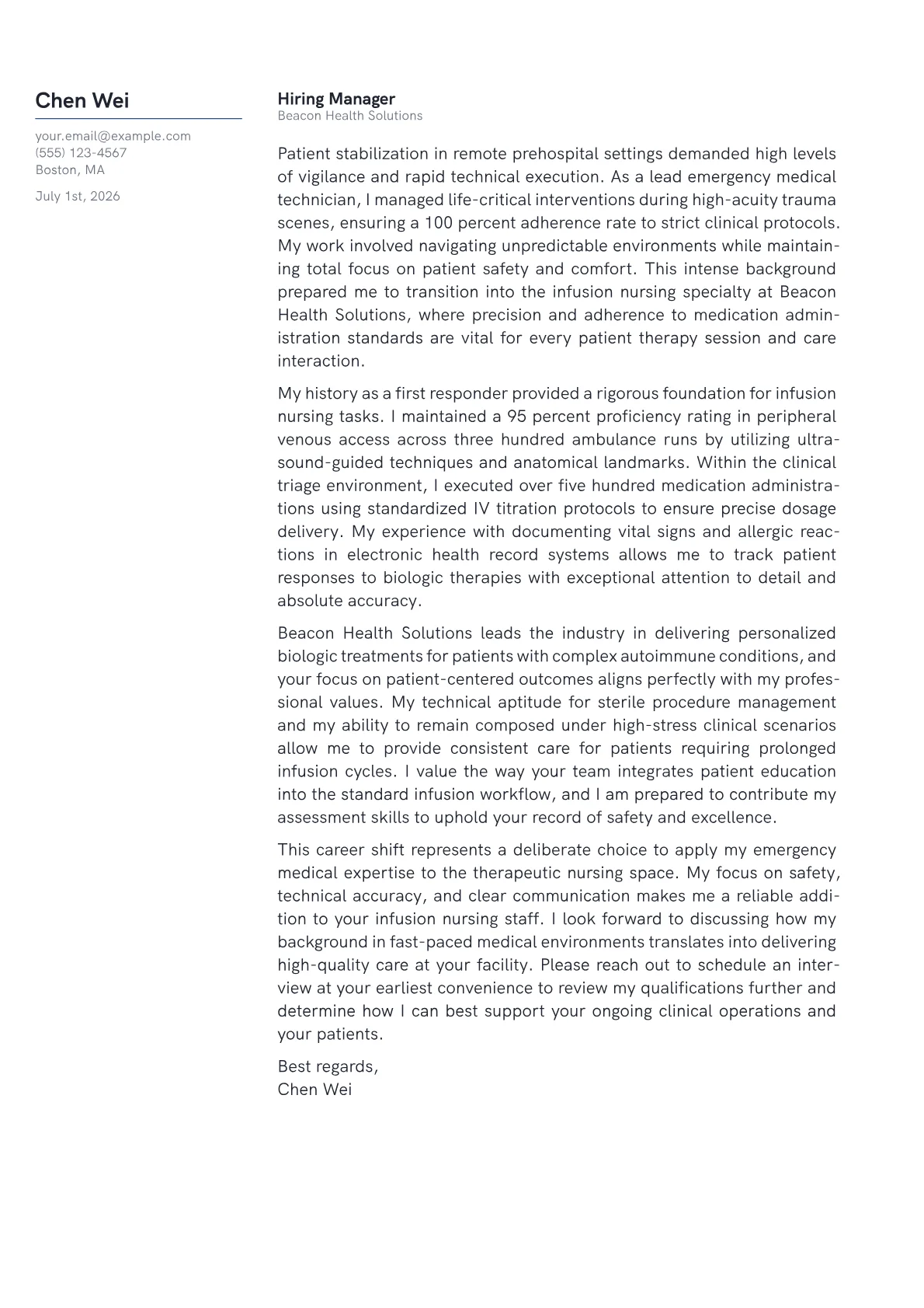 Infusion Nurse cover letter in the Margin design