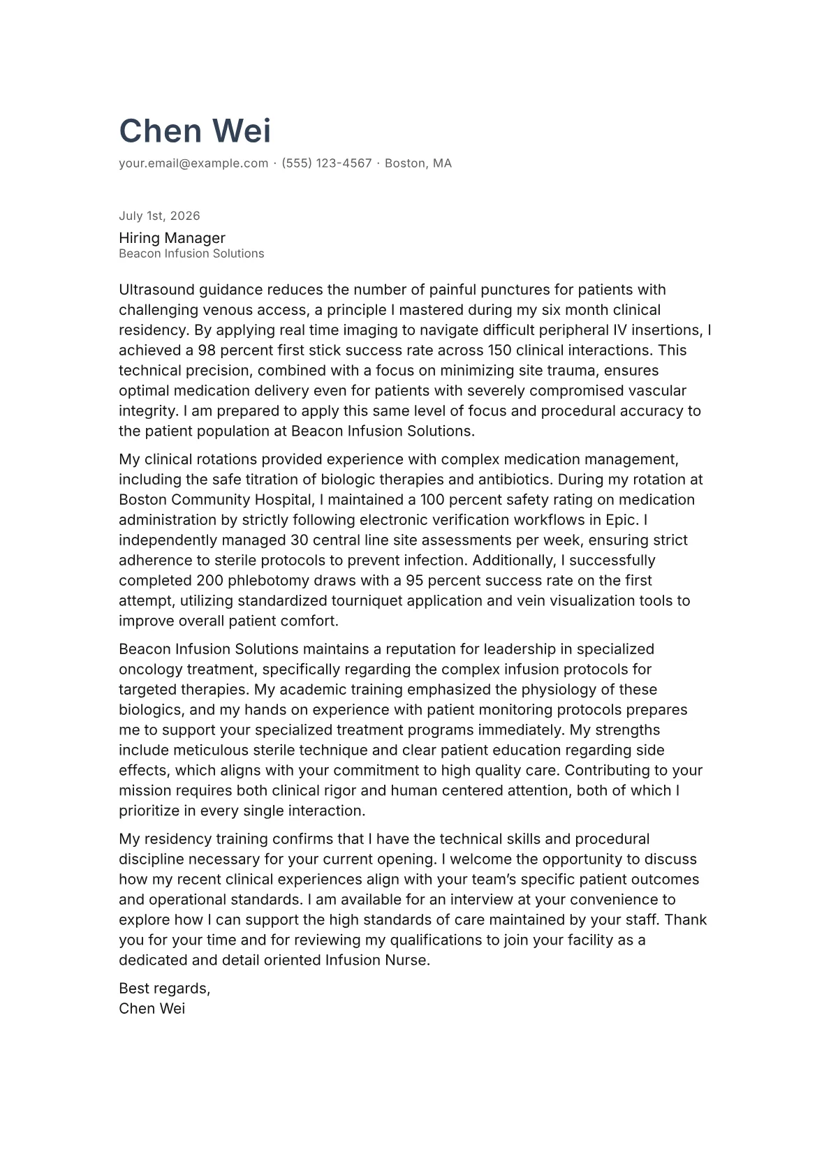 Infusion Nurse cover letter in the Minimal design