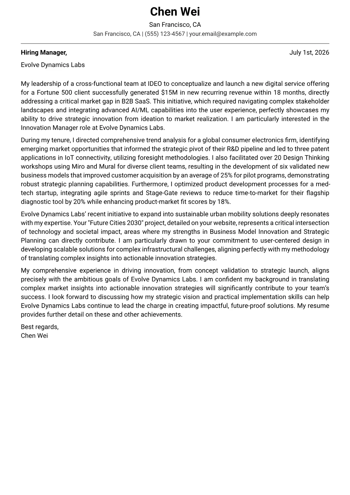 Innovation Manager cover letter formatted with a JobSprout template