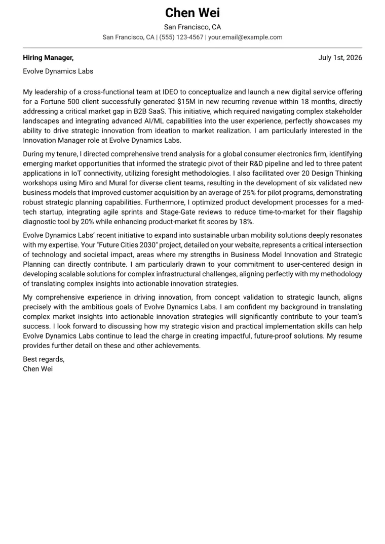 Innovation Manager cover letter example preview