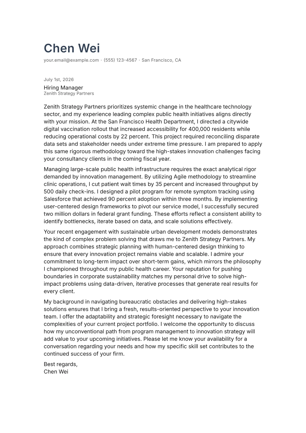 Innovation Manager cover letter in the Minimal design
