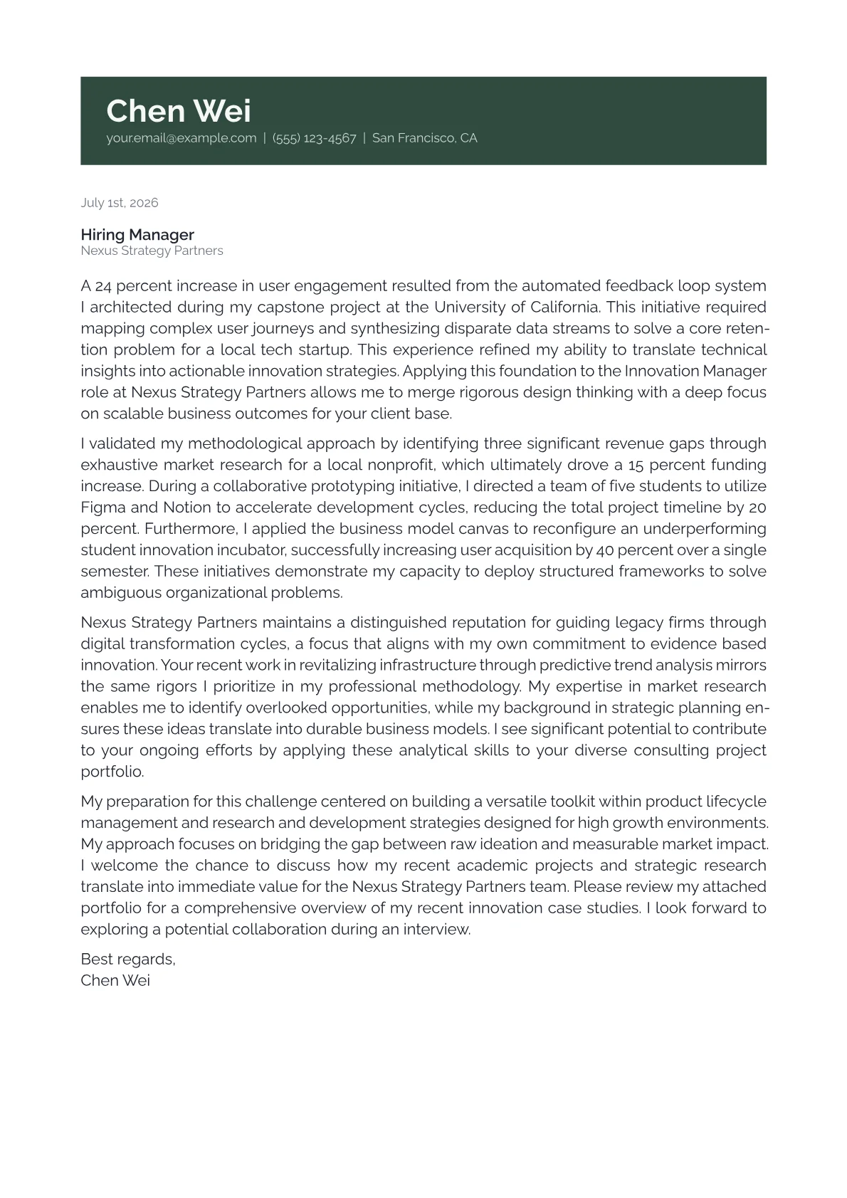 Innovation Manager cover letter in the Banner design
