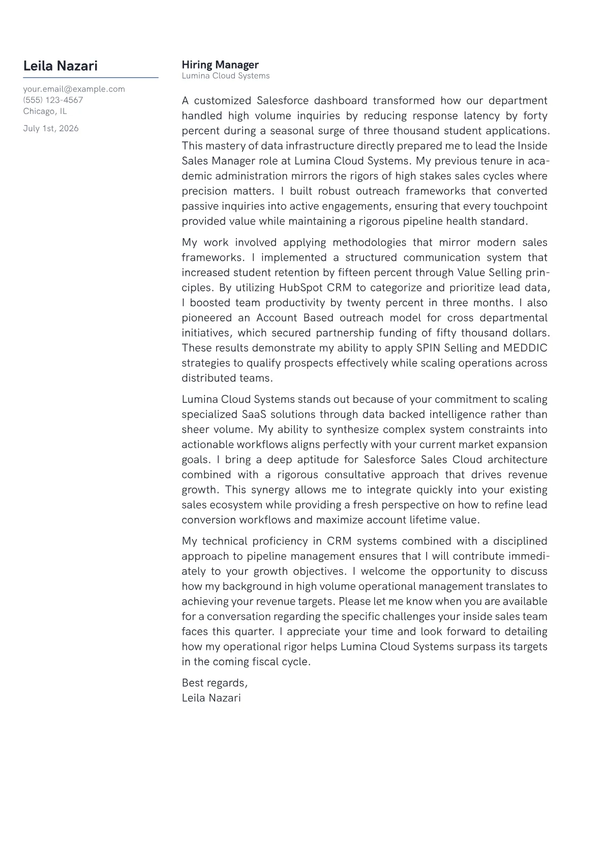 Inside Sales Manager cover letter in the Margin design
