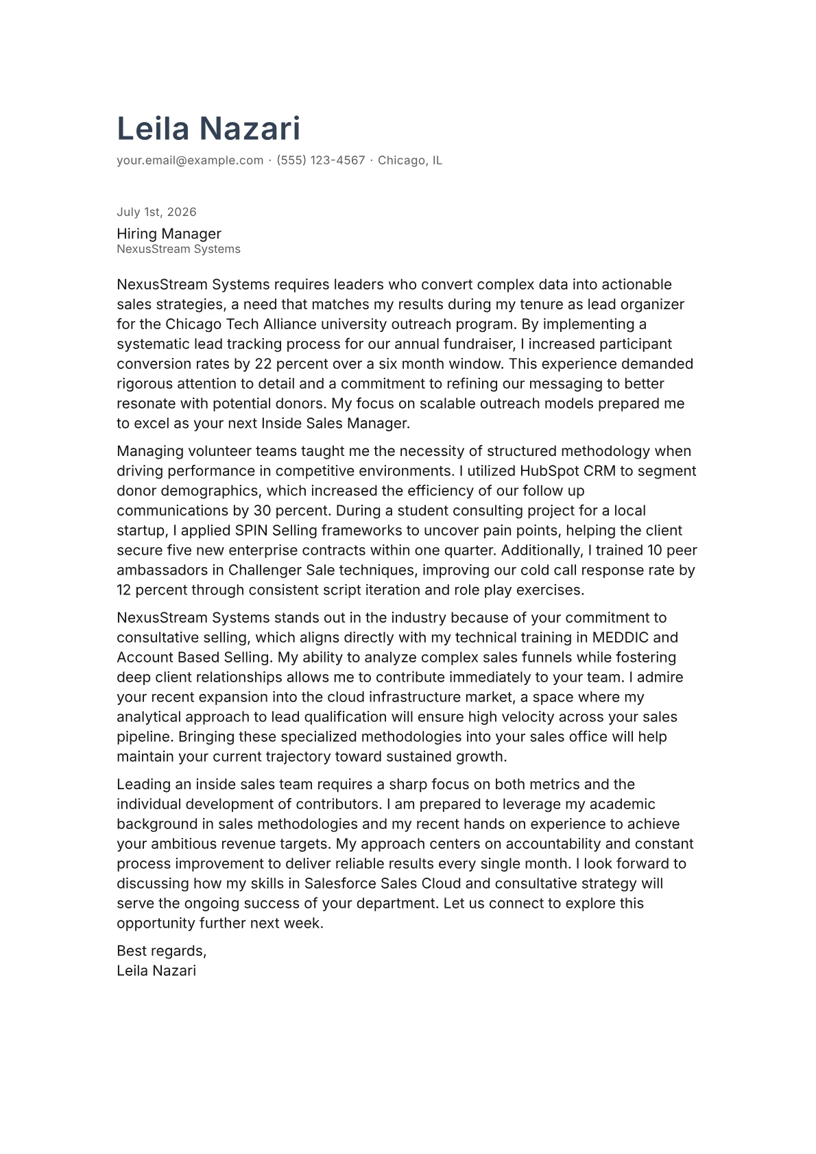 Inside Sales Manager cover letter in the Minimal design
