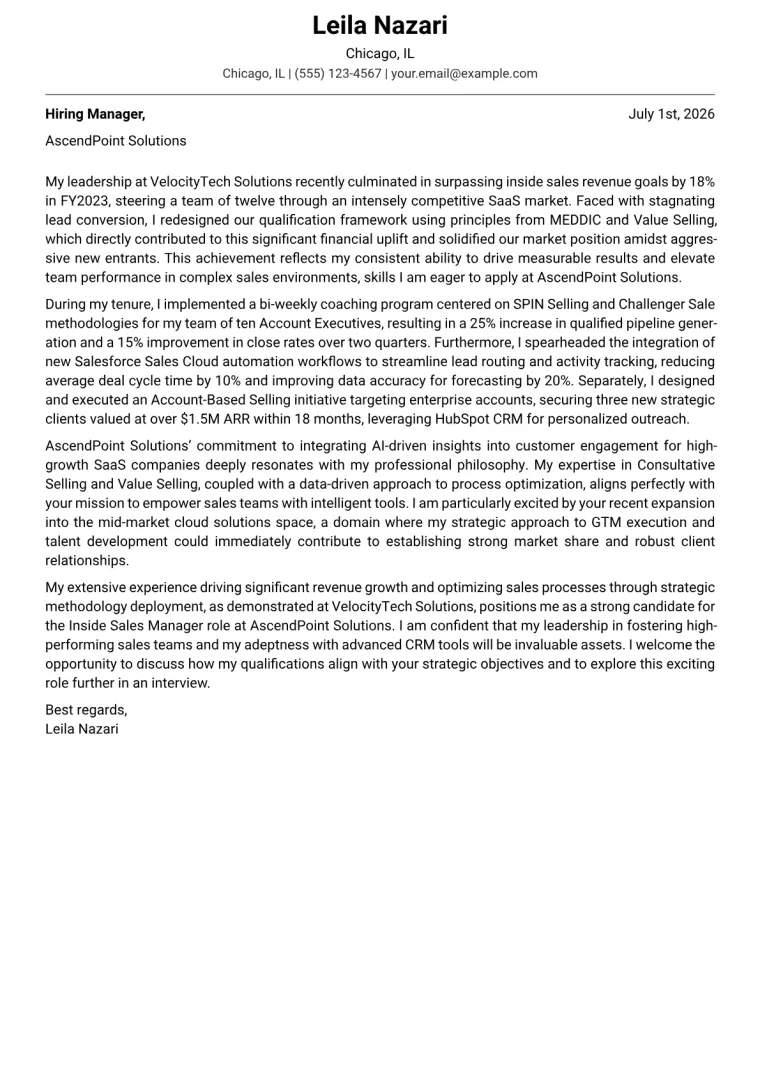Inside Sales Manager cover letter example preview