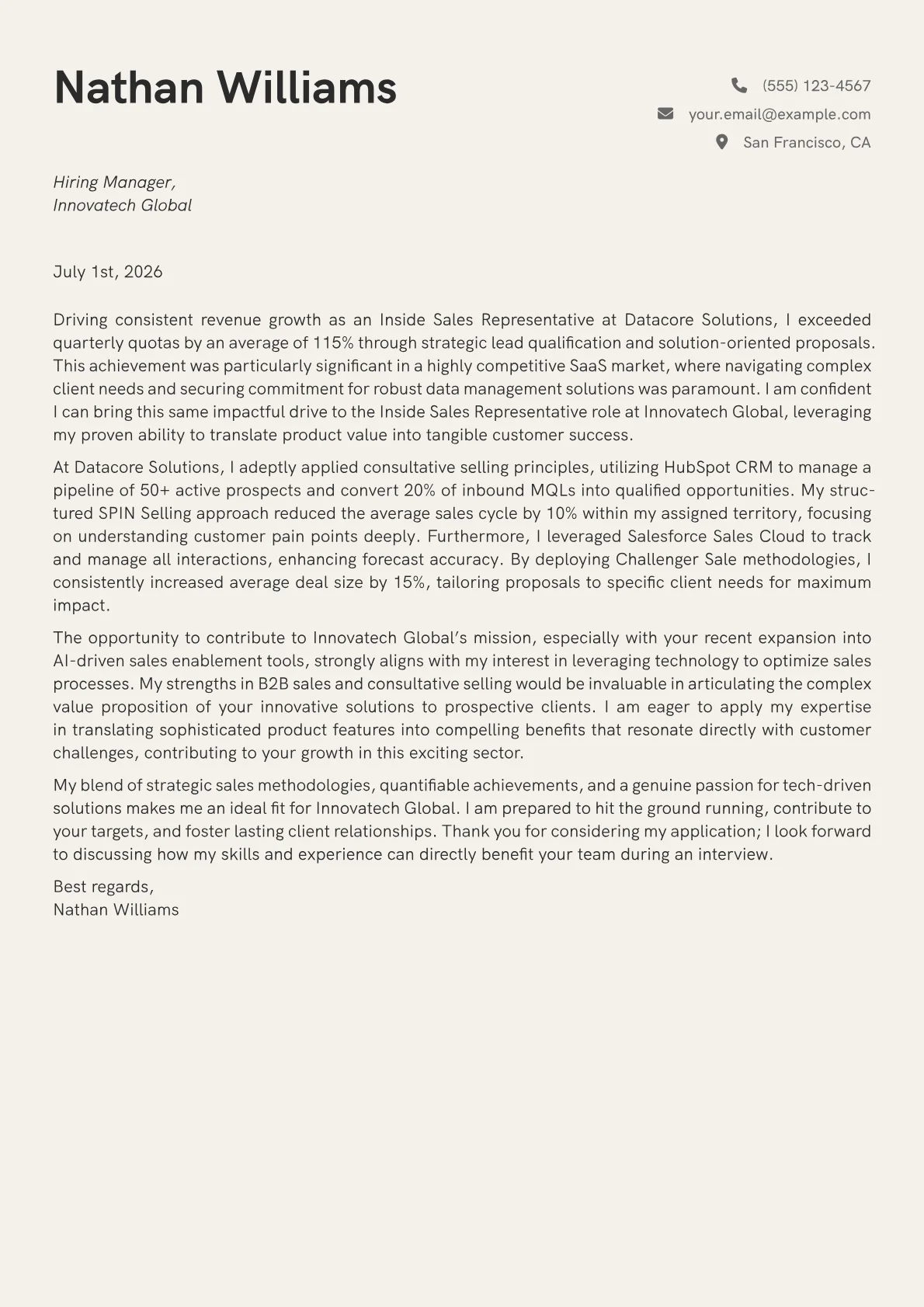 Inside Sales Representative cover letter formatted with a JobSprout template