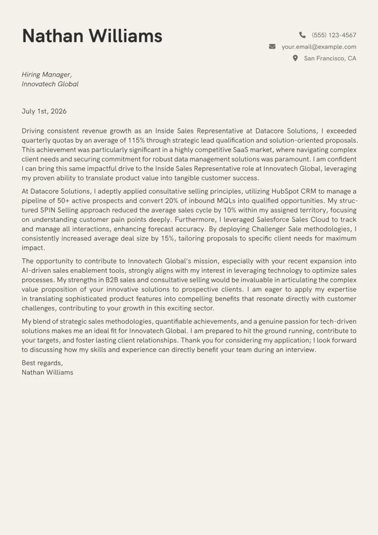 Inside Sales Representative cover letter example preview