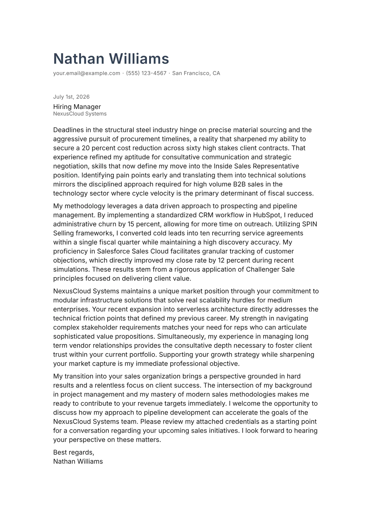 Inside Sales Representative cover letter in the Minimal design