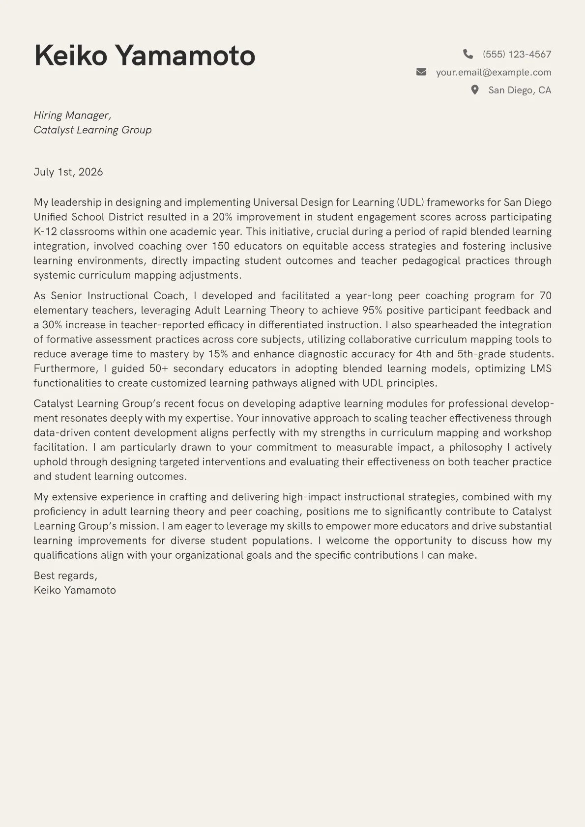 Instructional Coach cover letter formatted with a JobSprout template