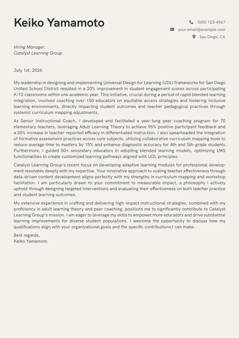 Instructional Coach cover letter example preview