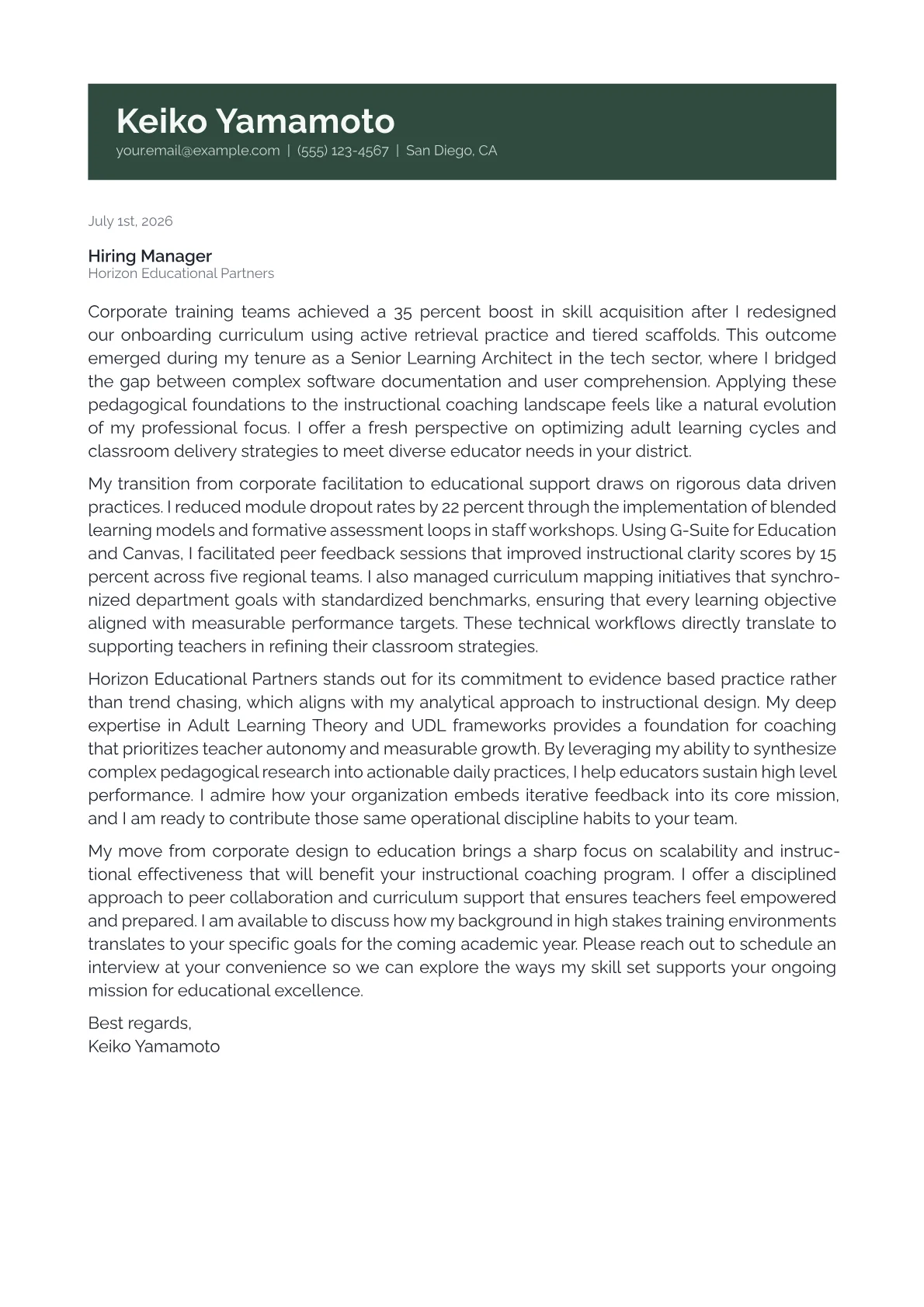 Instructional Coach cover letter in the Banner design