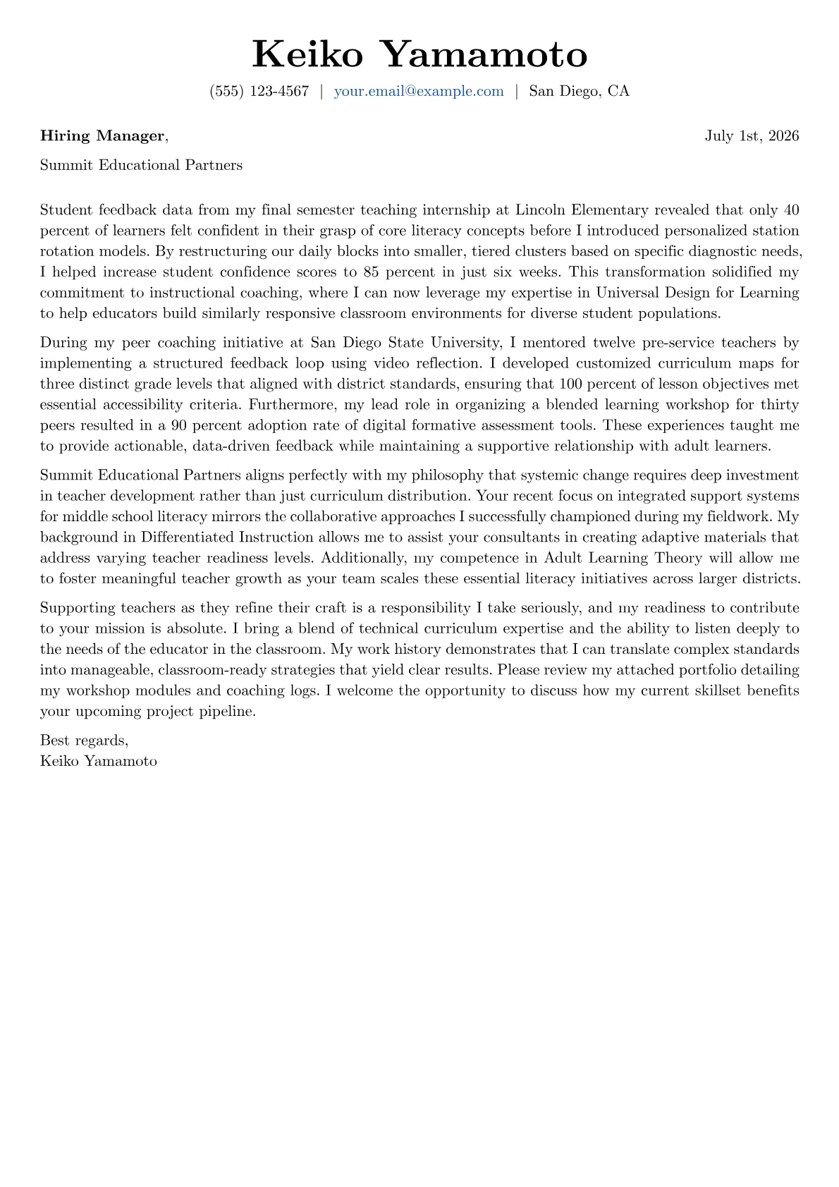 Instructional Coach cover letter in the Basic design
