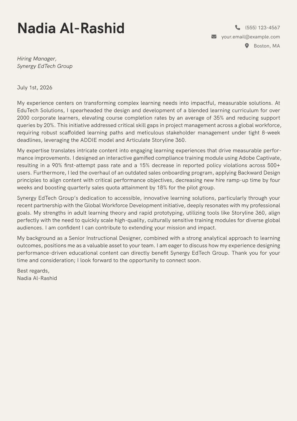 Instructional Designer cover letter formatted with a JobSprout template