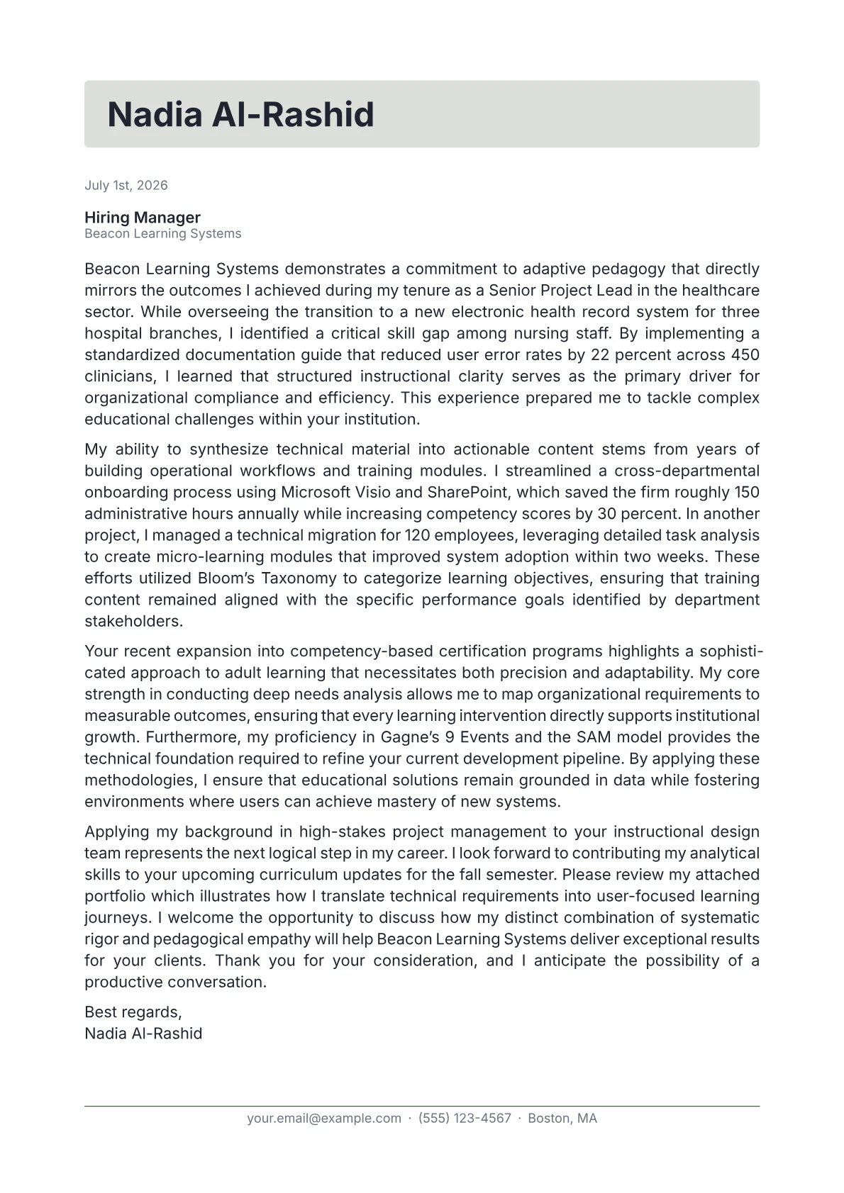 Instructional Designer cover letter in the Letterhead design